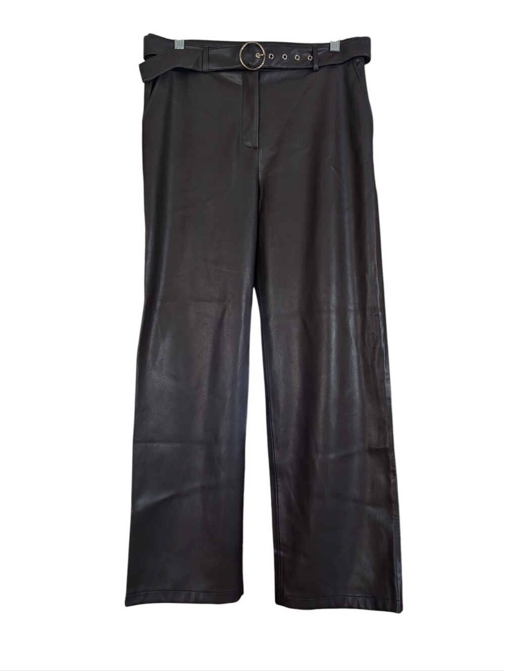 Tahari Faux Leather Belted Straight Leg Pants Brown Size 10 NWT Wide Leg - Picture 2 of 10